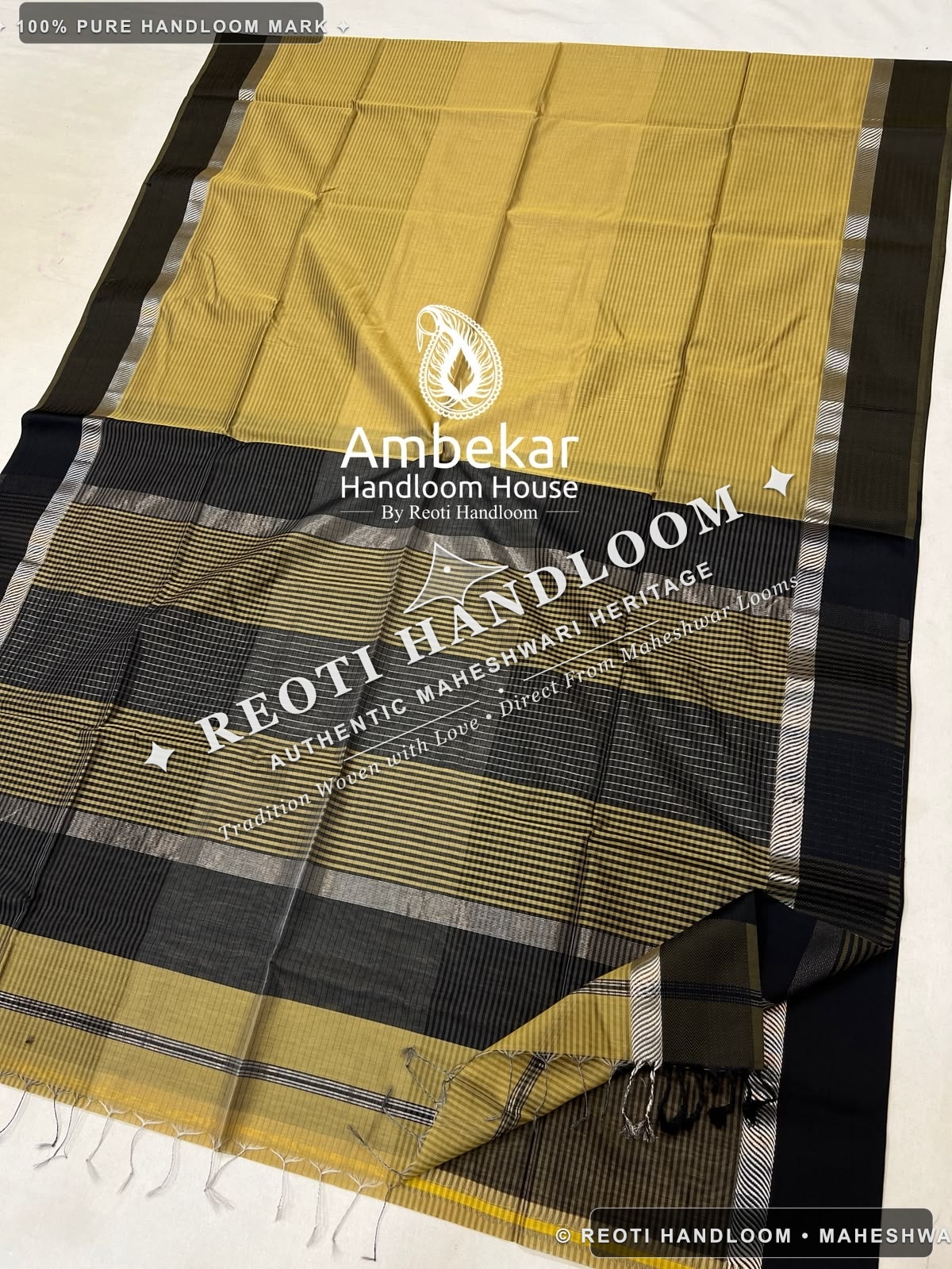 Mustard Yellow & Black Maheshwari Handloom Silk Cotton Saree with Silver Zari Border