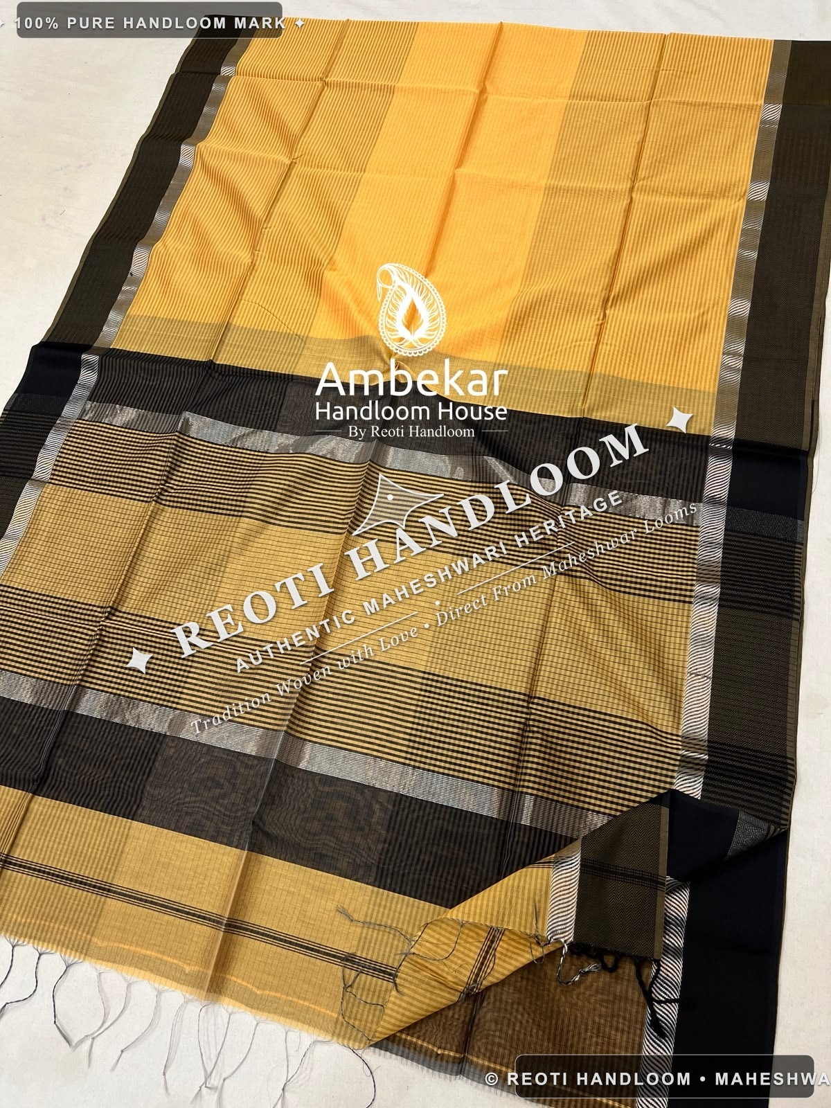 Mango Orange & Black Maheshwari Handloom Silk Cotton Saree with Silver Zari Border