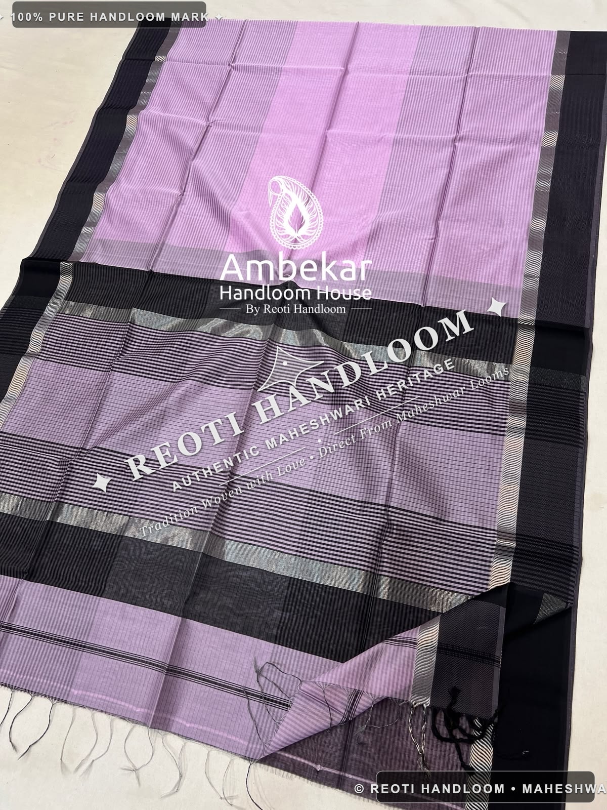 Lavender & Black Maheshwari Handloom Silk Cotton Saree with Silver Zari Border