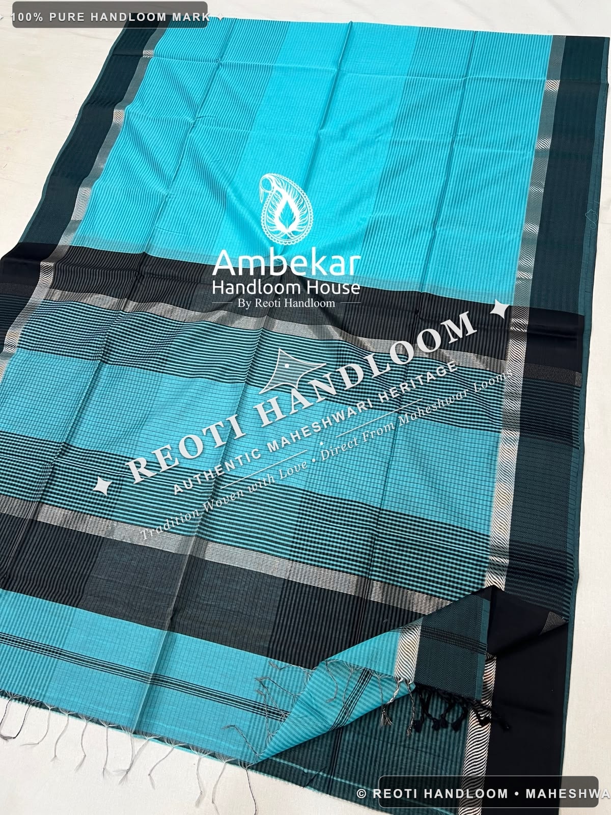 Sky Blue & Black Maheshwari Handloom Silk Cotton Saree with Silver Zari Border