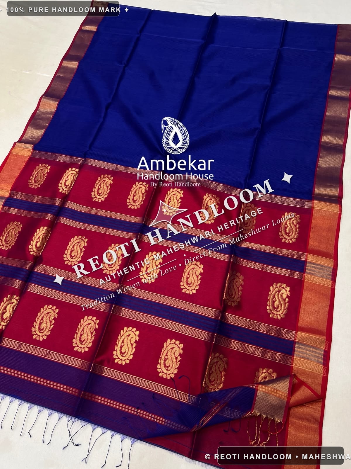 Royal Blue & Wine Red Maheshwari Handloom Katan Silk with Big Buta Saree