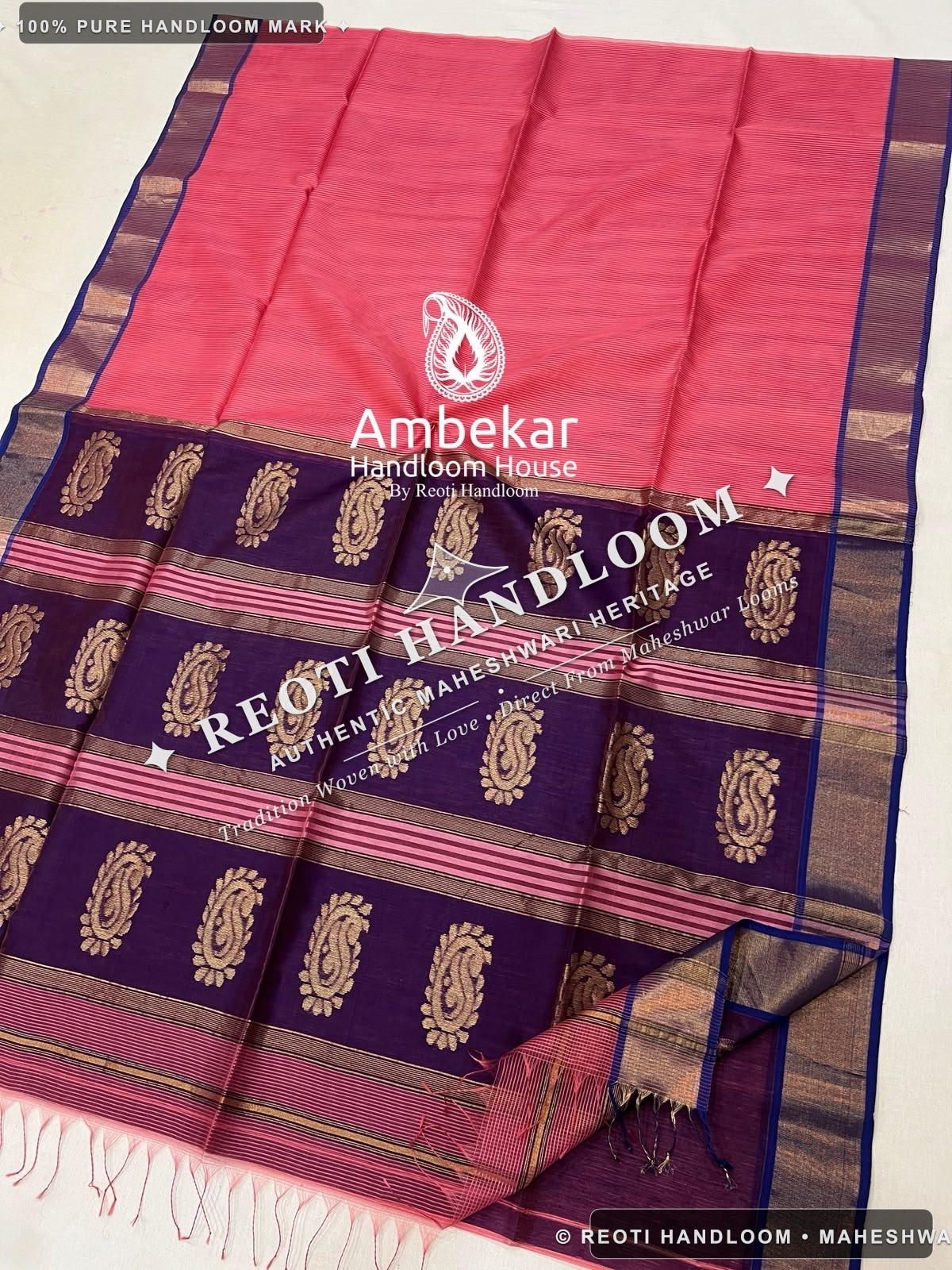 Coral Pink & Deep Purple Maheshwari Handloom Katan Silk Saree with Big Buta