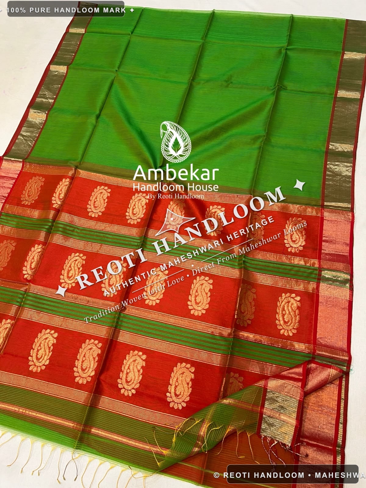 Green & Red Maheshwari Handloom Katan Silk Saree with Big Buta