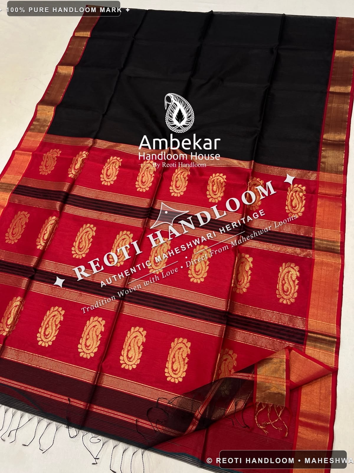 Black & Red Maheshwari Handloom Katan Silk Saree with Big Buta