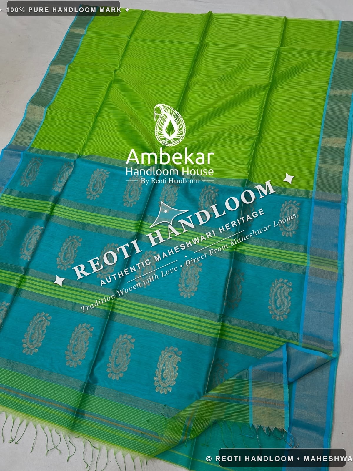 Parrot Green & Teal Blue Maheshwari Handloom Katan Silk with Big Buta Saree