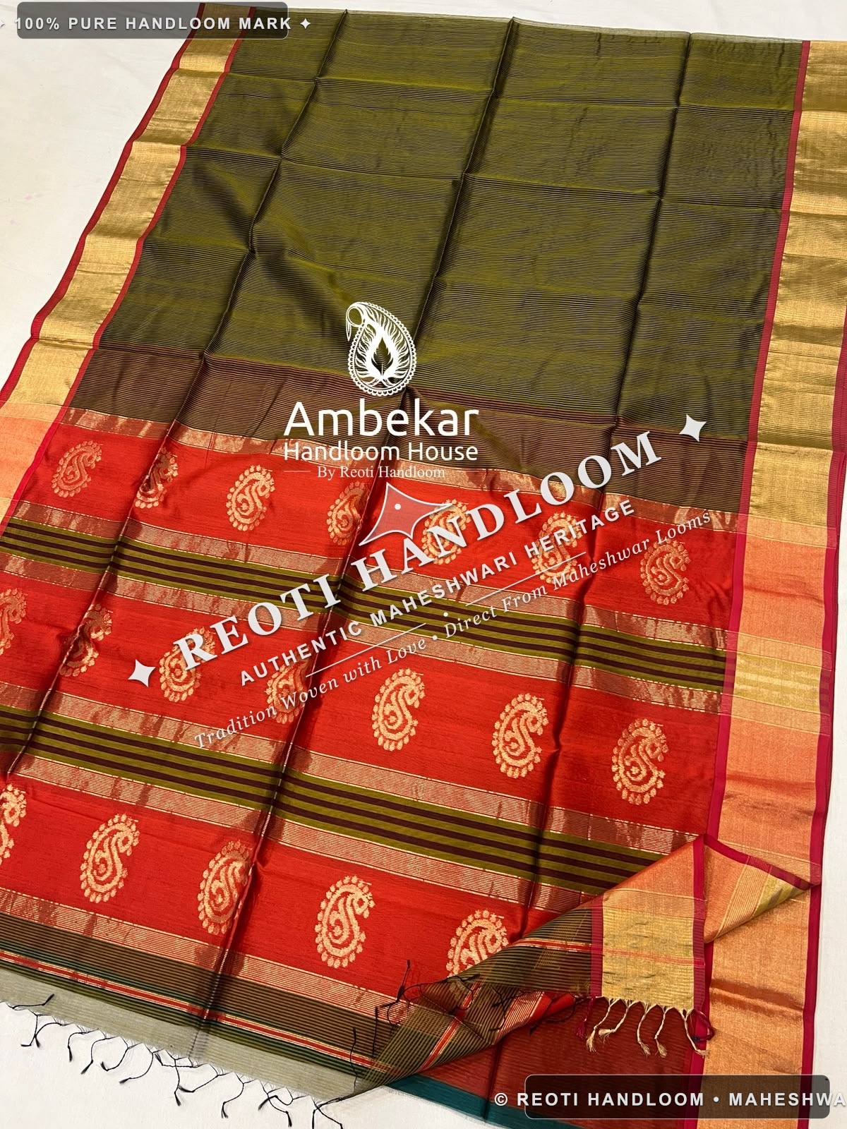 Olive Green & Red Maheshwari Handloom Katan Silk Saree with Big Buta
