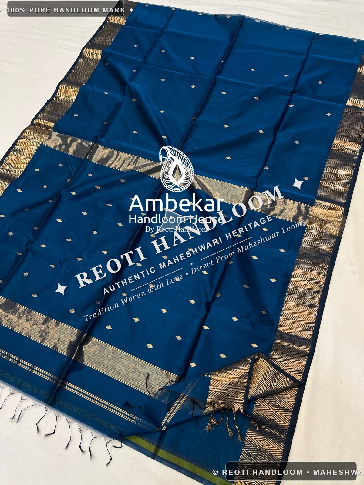 Exclusive Peacock Blue Nayantara Chokha Border Buti Maheshwari Handloom Saree