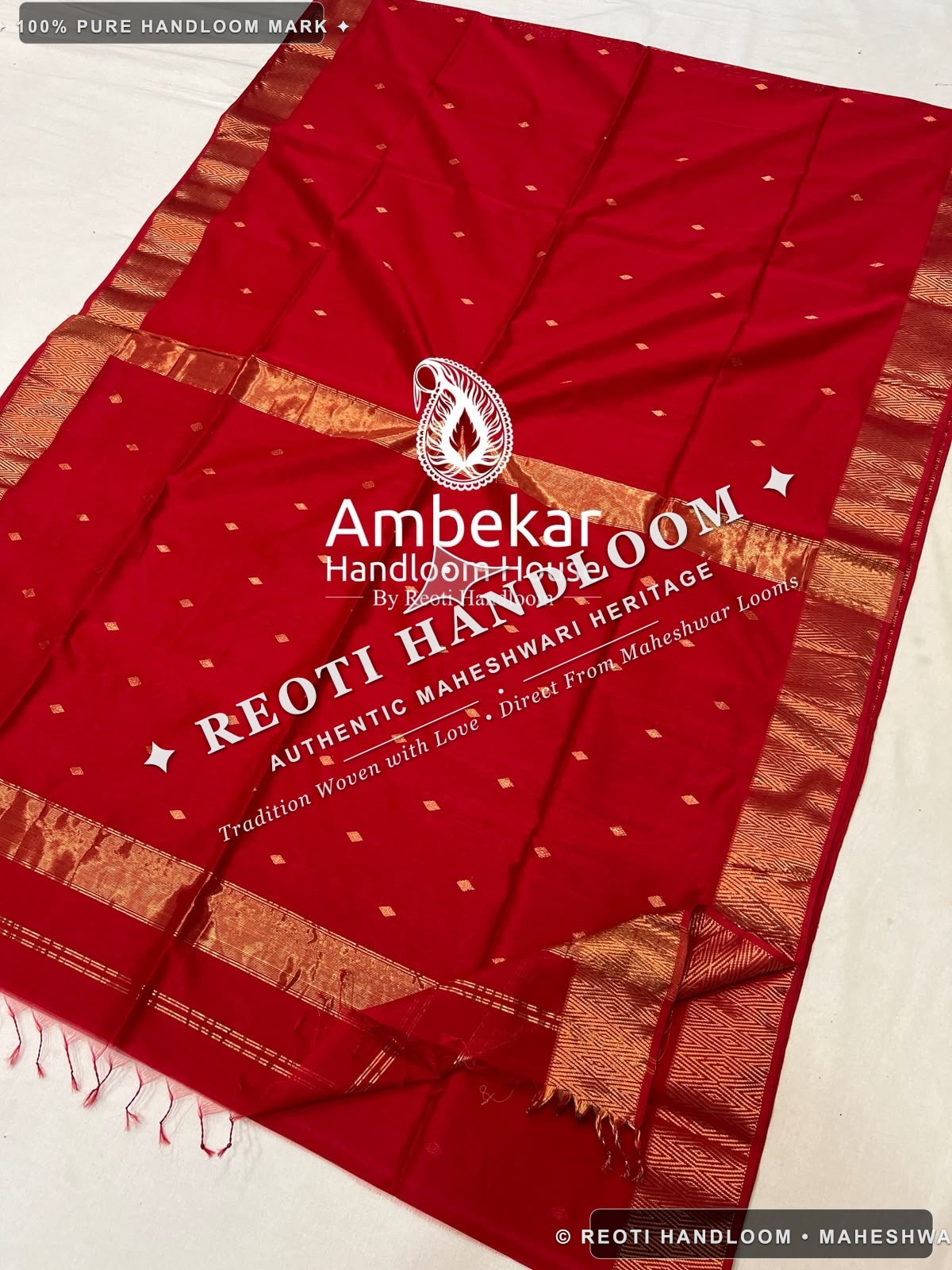 Exclusive Red Nayantara Chokha Border Buti Maheshwari Handloom Saree