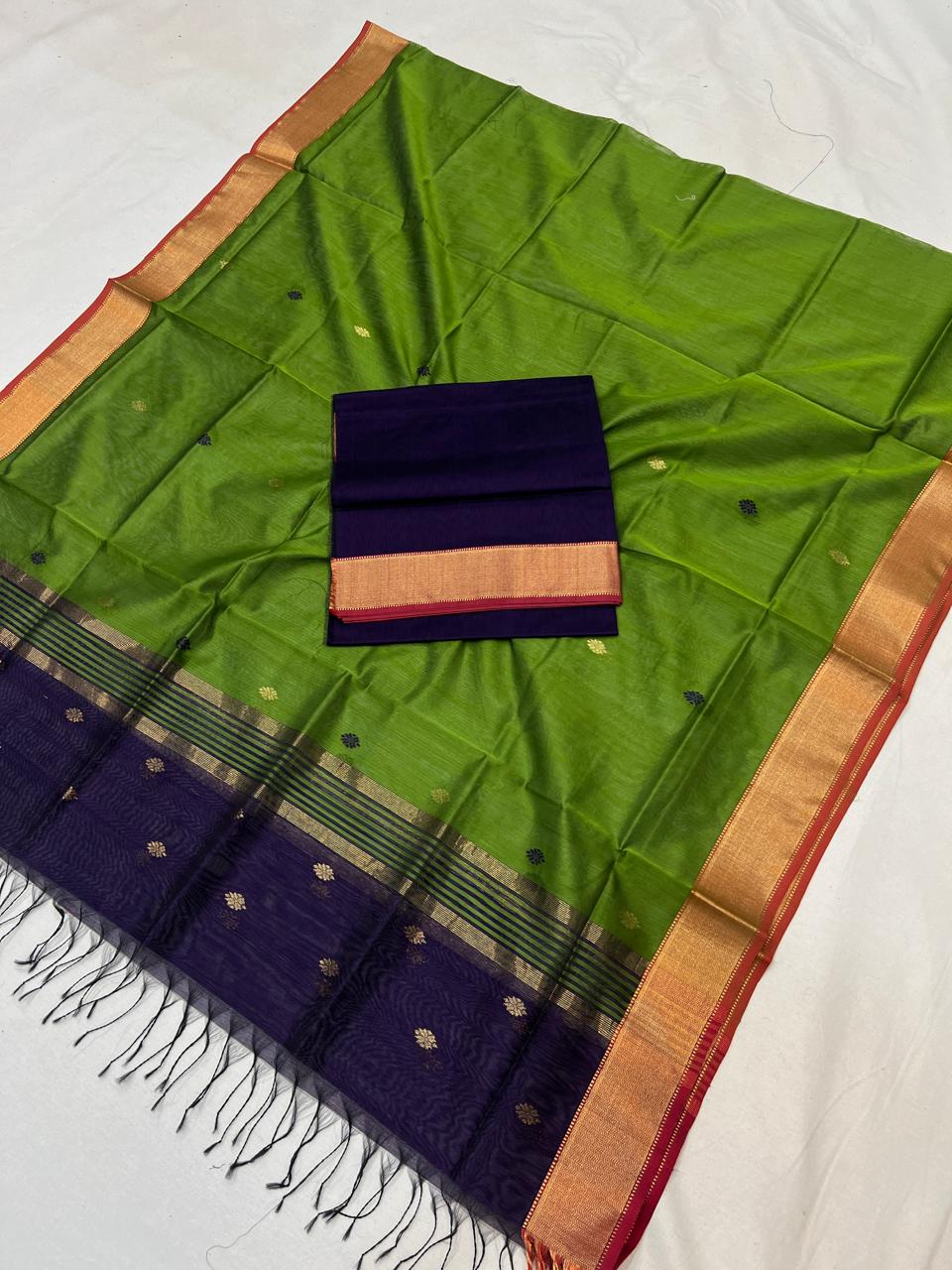 Parrot Green & Navy Blue Zari Border with Buti Maheshwari Handloom Top Dupatta Set – 2 Piece