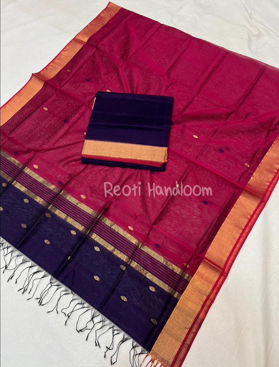 Magenta & Navy Blue Zari Border with Buti Maheshwari Handloom Top Dupatta Set – 2 Piece