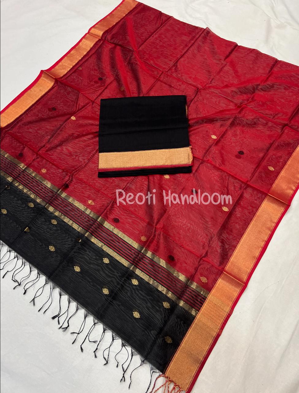 Red & Black Zari Border with Buti Maheshwari Handloom Top Dupatta Set – 2 Piece