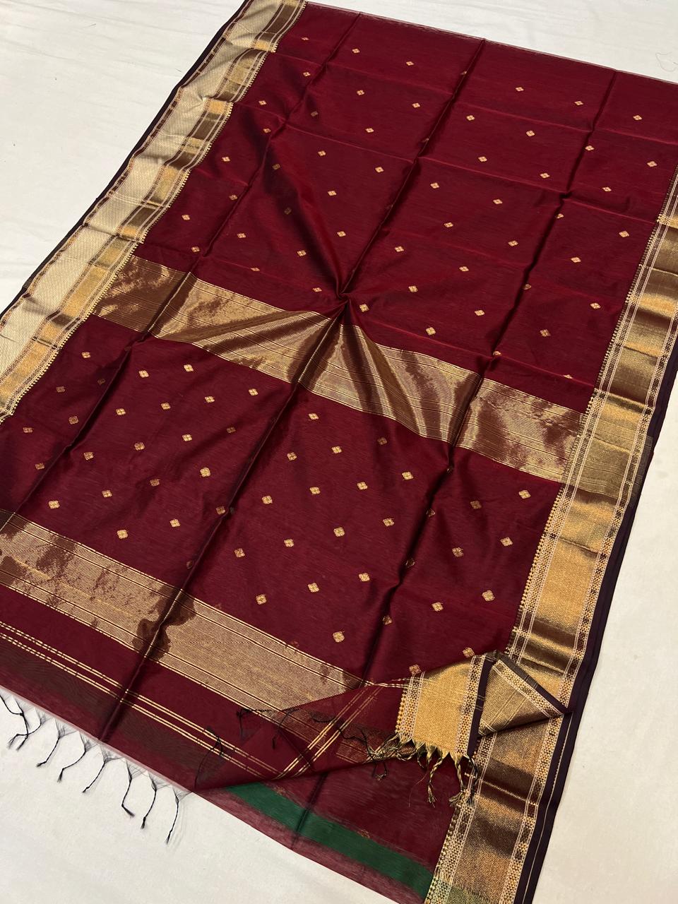 Maroon Red Resham Zari with Diamond Buti Maheshwari Handloom Saree