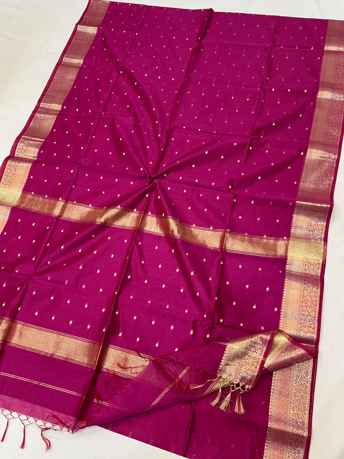 Rich Magenta Pink Semi Maheshwari Saree | Golden Zari Butti & Traditional Border
