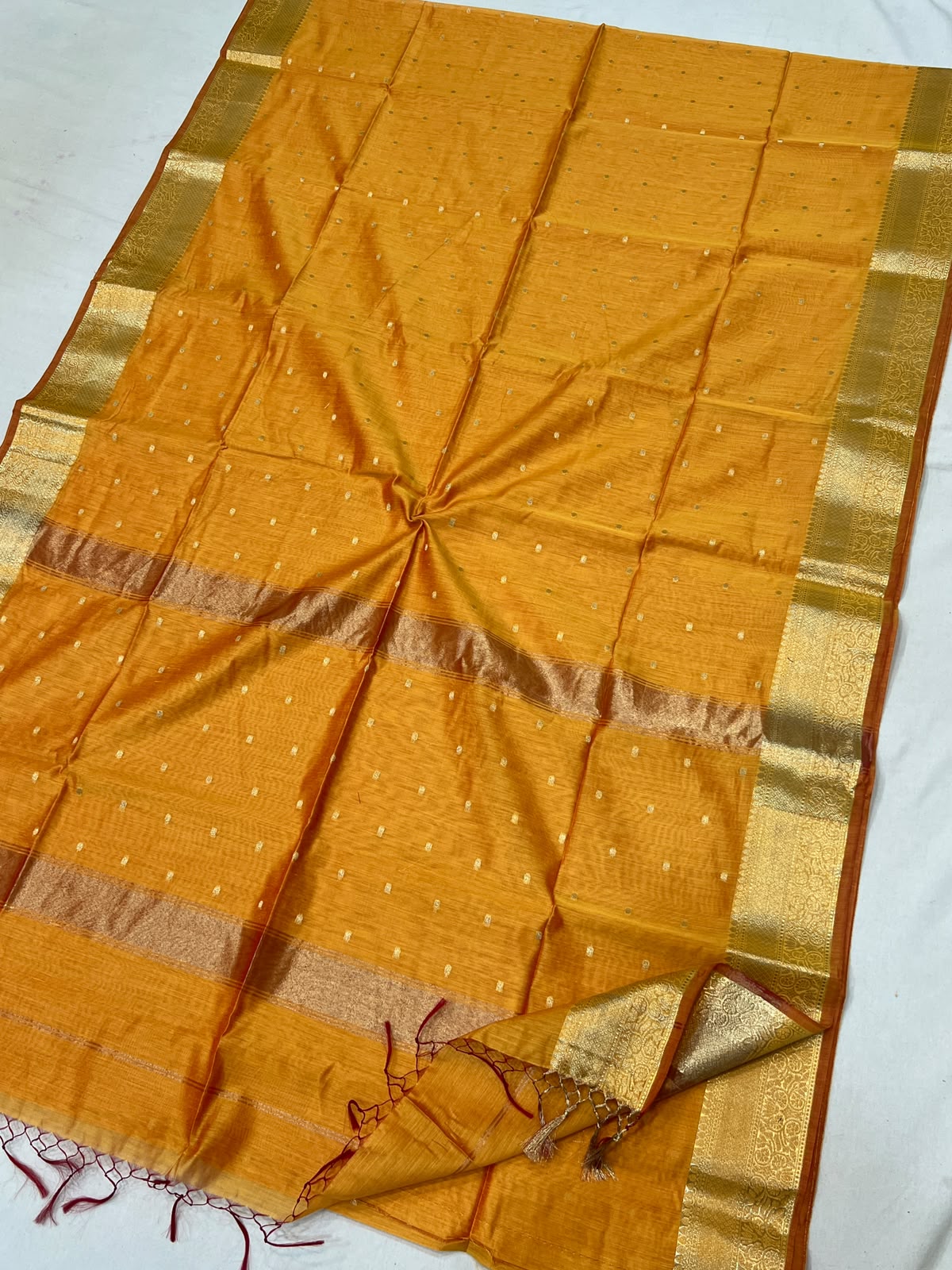 Yellow with Golden Zari Border Semi Maheshwari Saree