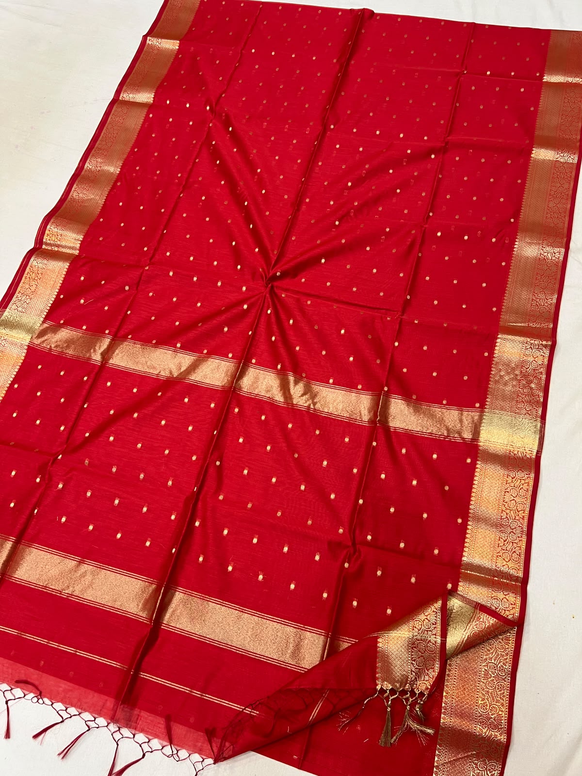 Red with Golden Zari Border Semi Maheshwari Saree