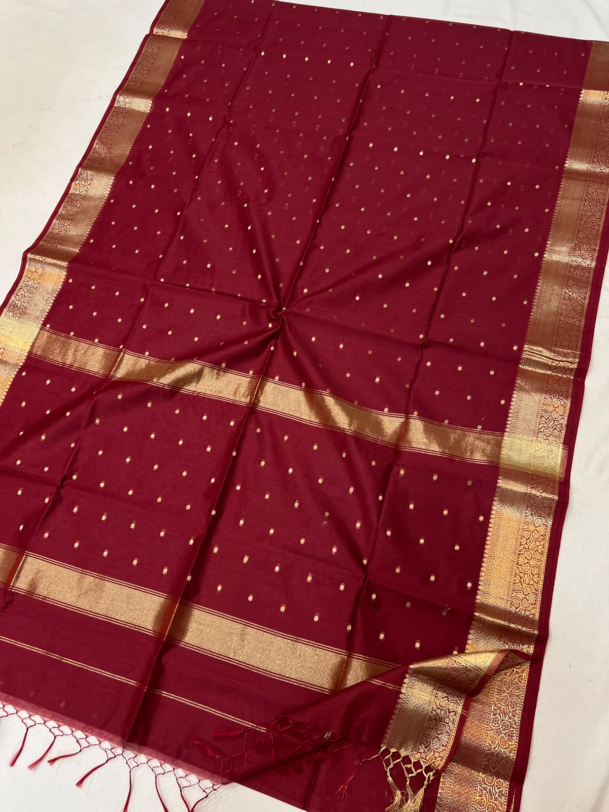 Maroon Red with Golden Zari Border Semi Maheshwari Saree