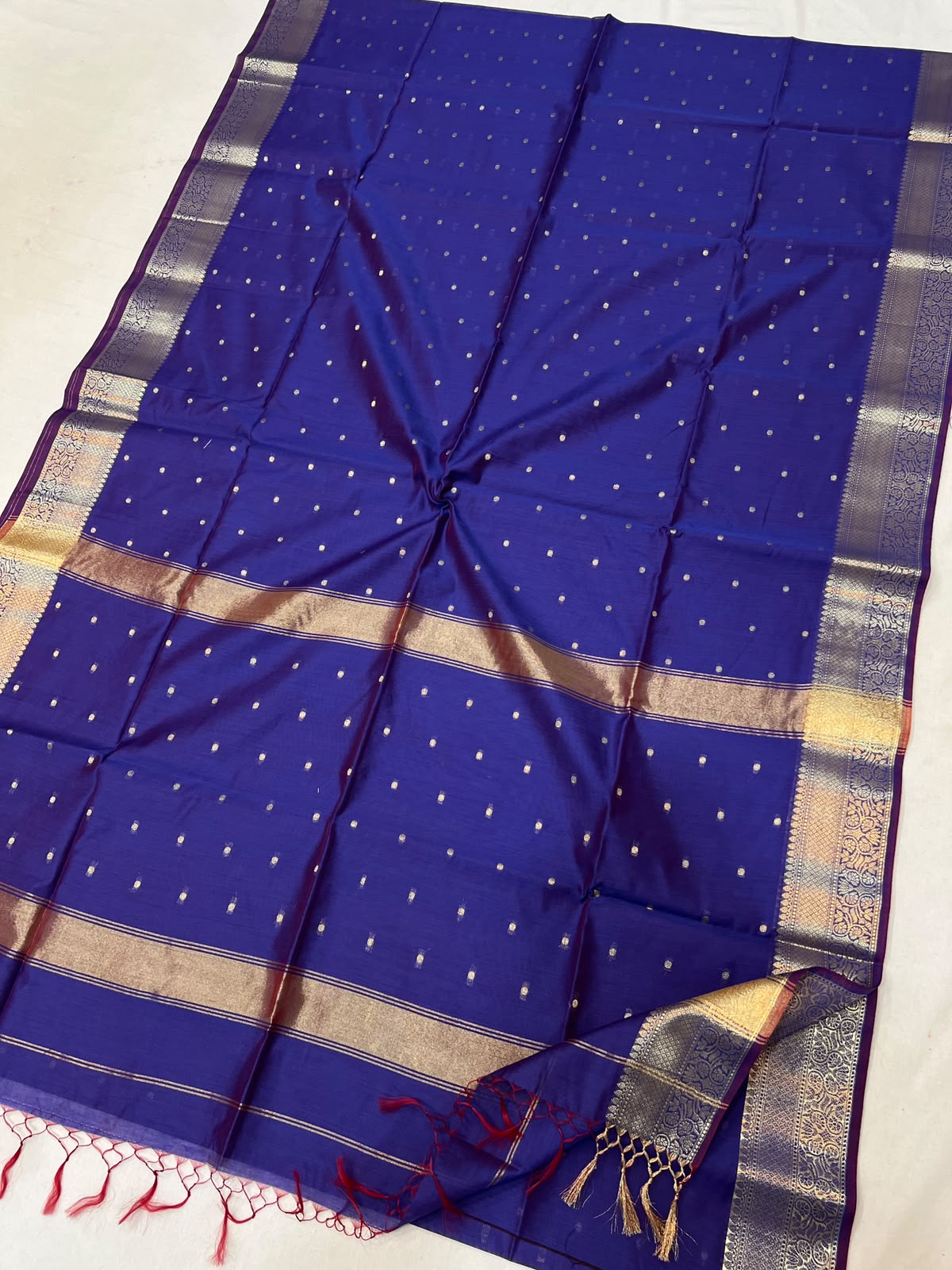 Royal Blue with Golden Zari Buti & Floral Border Maheshwari Handloom Saree