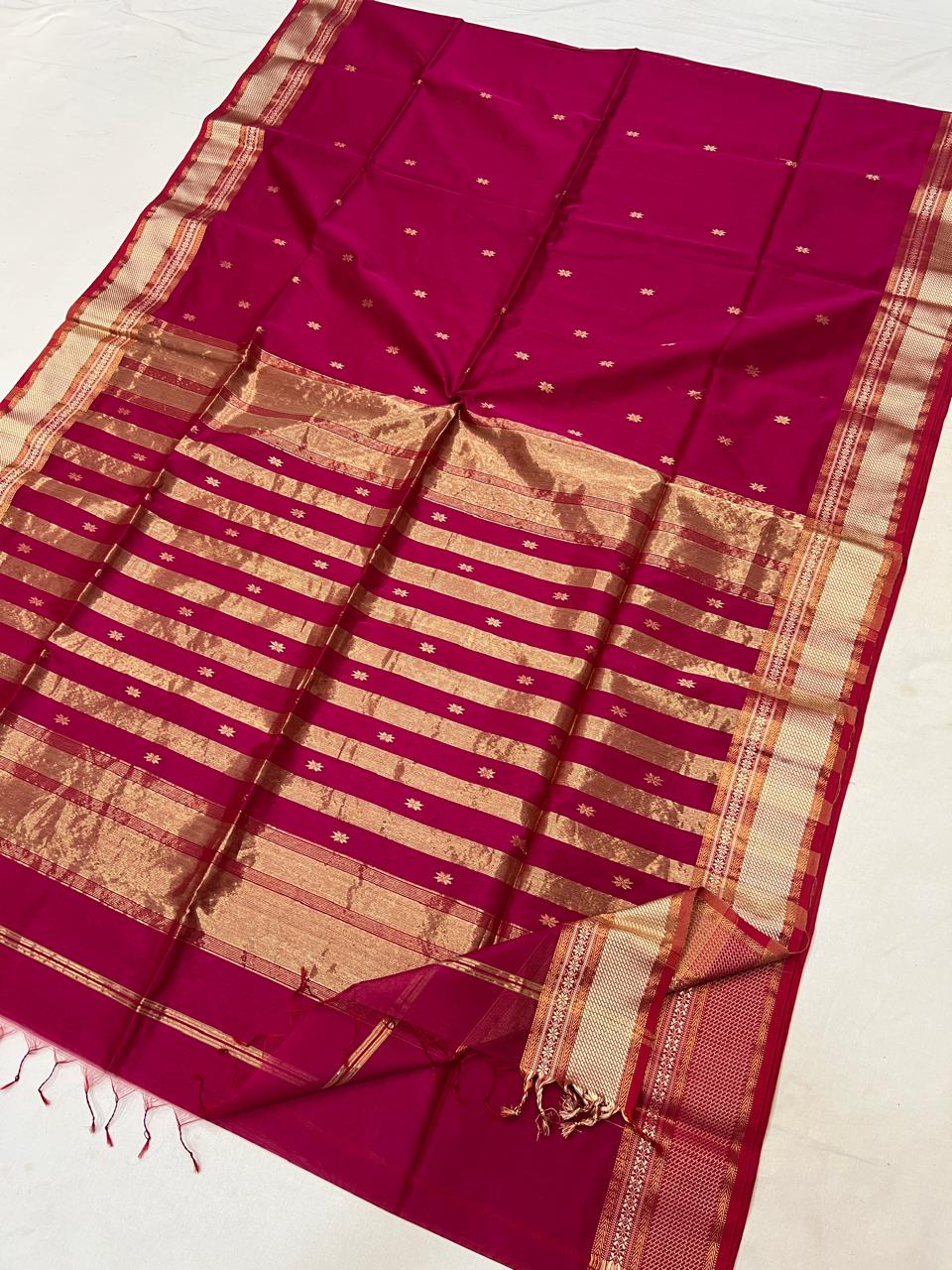 Magenta & Gold Maheshwari Handloom Saree with Star Buti & Striped Zari Pallu