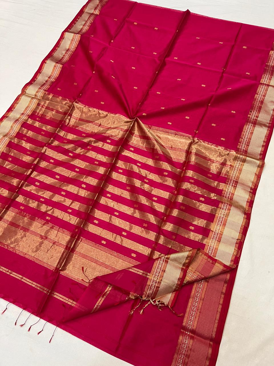 Rani Pink & Gold Maheshwari Handloom Saree with Star Buti & Striped Zari Pallu