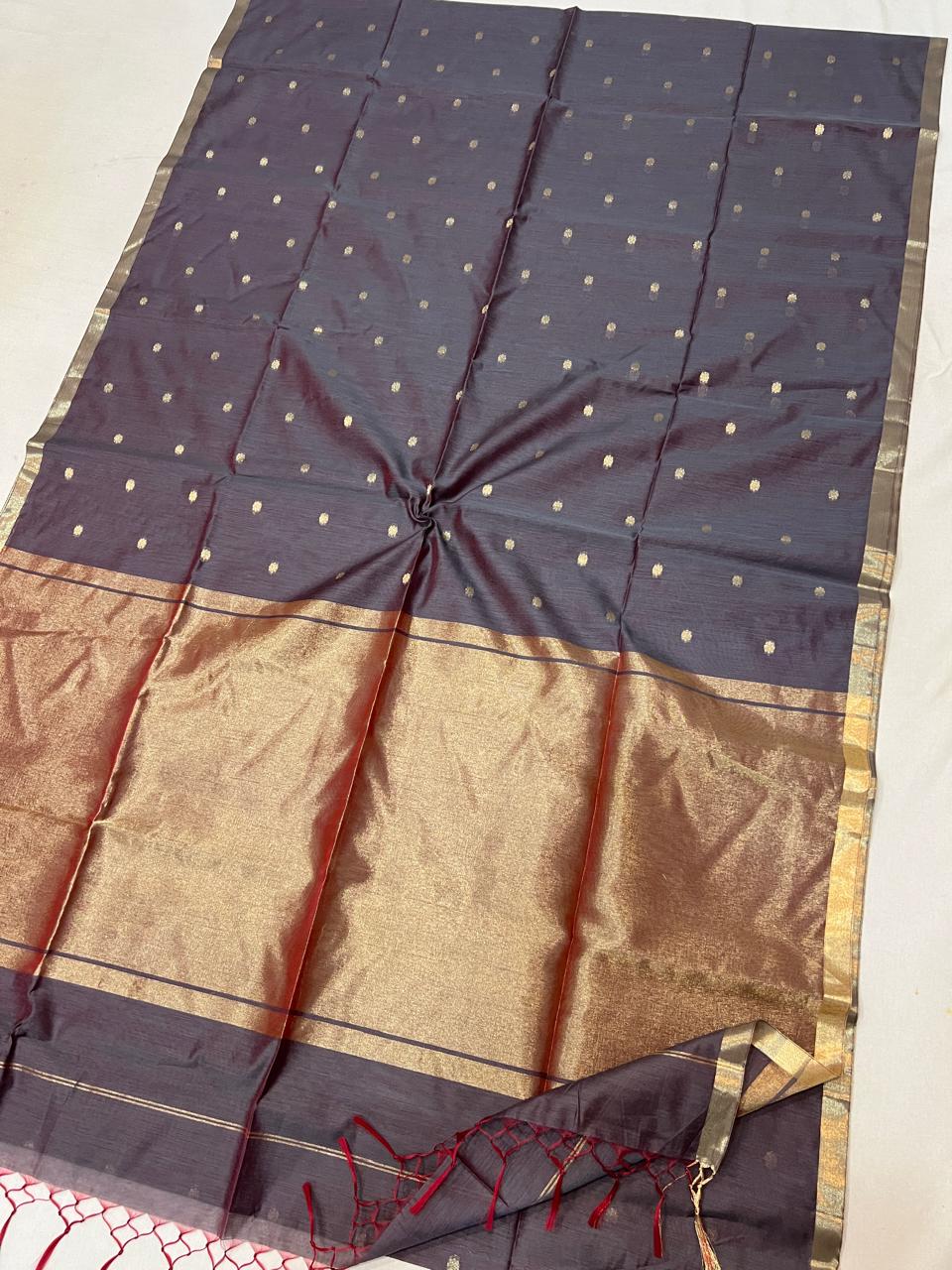 Charcoal Grey with Golden Zari Buti & Zari Border Semi Maheshwari Saree
