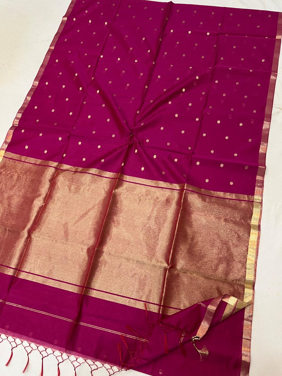 Magenta with Golden Zari Buti & Broad Zari Border Semi Maheshwari Saree