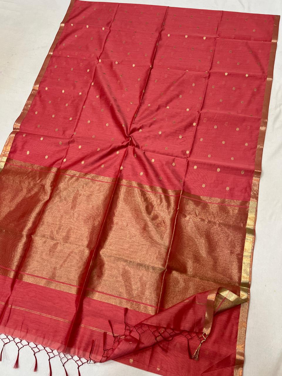 Coral Red with Golden Zari Buti & Broad Zari Border Semi Maheshwari Saree