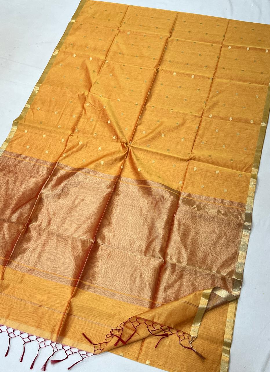 Mustard Yellow with Golden Zari Buti & Broad Zari Border Semi Maheshwari Saree