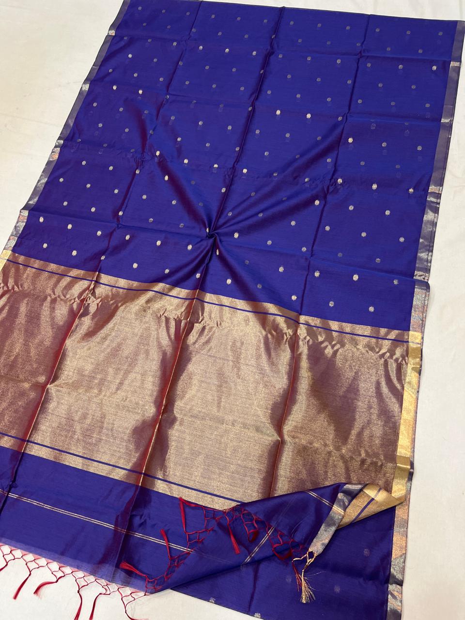 Royal Blue with Silver Zari Buti & Zari Border Semi Maheshwari Saree