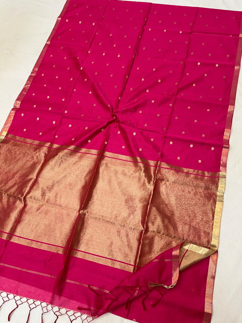 Rani Pink with Golden Zari Buti & Broad Zari Border Semi Maheshwari Saree