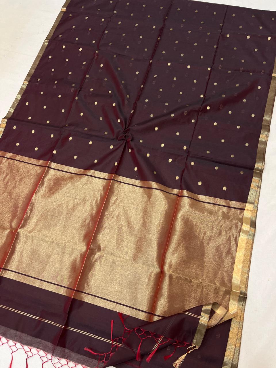 Wine Purple with Golden Zari Buti & Rich Zari Pallu Semi Maheshwari Saree
