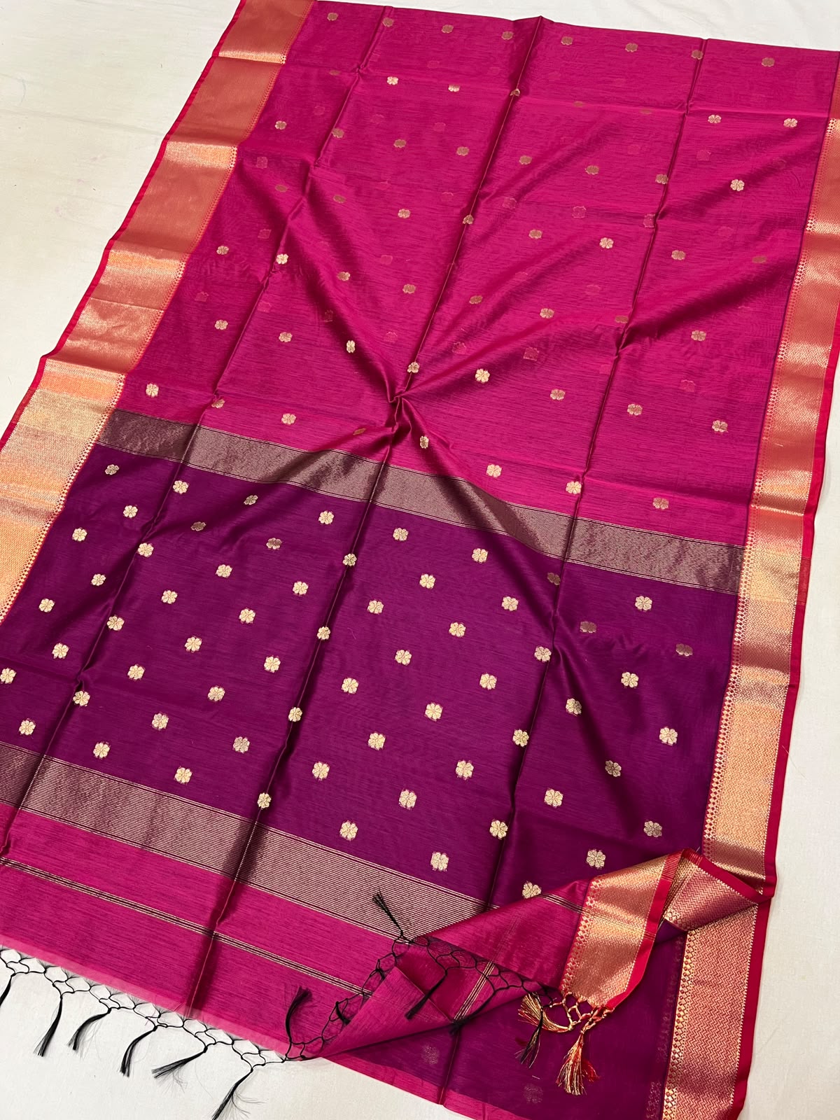 Rani Pink with Magenta Skirt Big Border & Golden Zari Buti Semi Maheshwari Saree