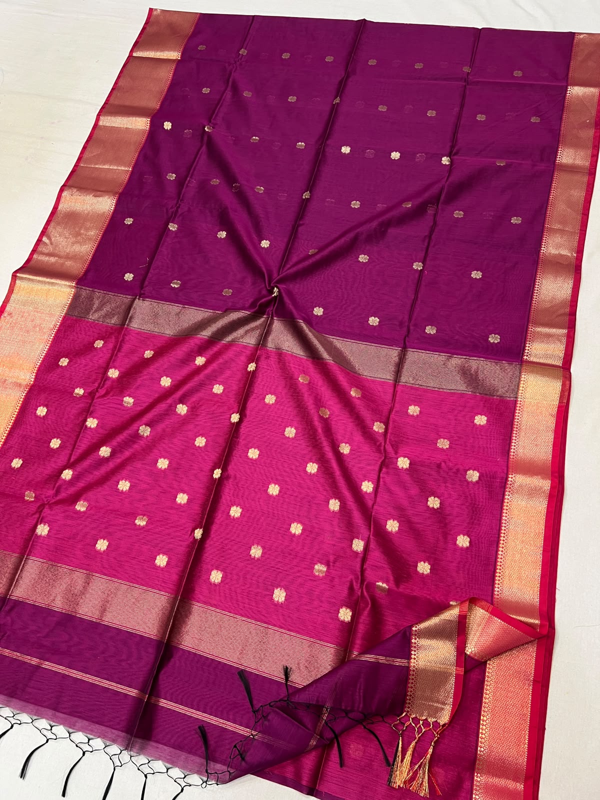 Magenta & Rani Skirt Big Border with Golden Zari Buti Semi Maheshwari Saree