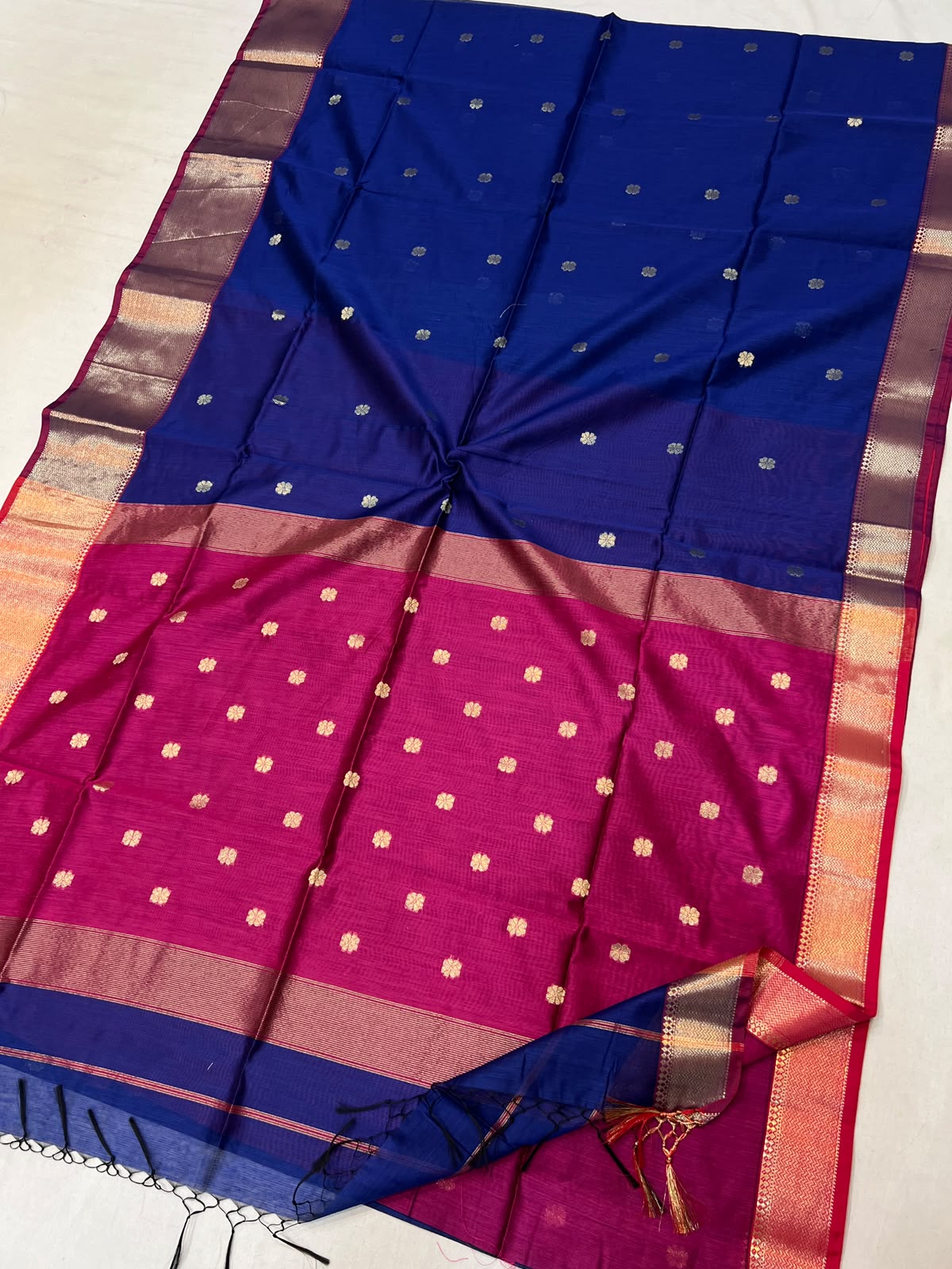 Blue & Rani Skirt Big Border with Golden Zari Buti Semi Maheshwari Saree