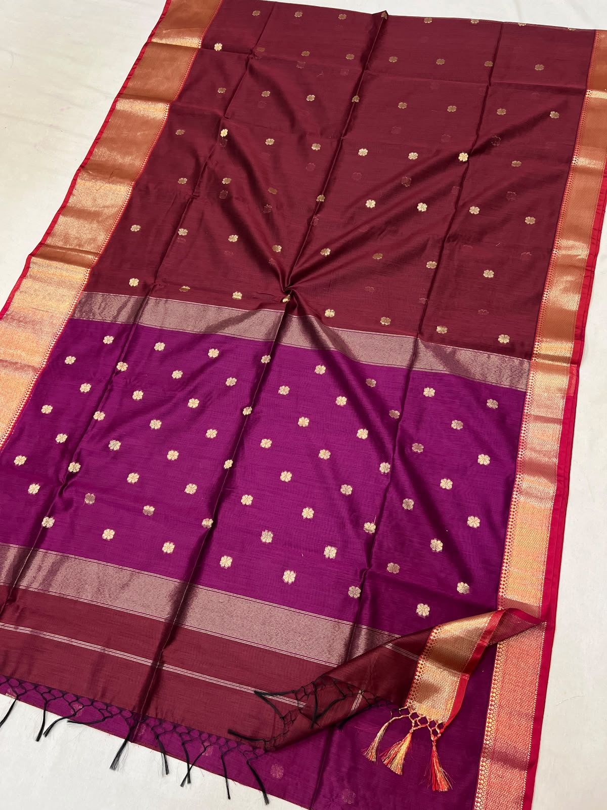 Wine & Magenta Traditional Zari Buti Semi Maheshwari Saree